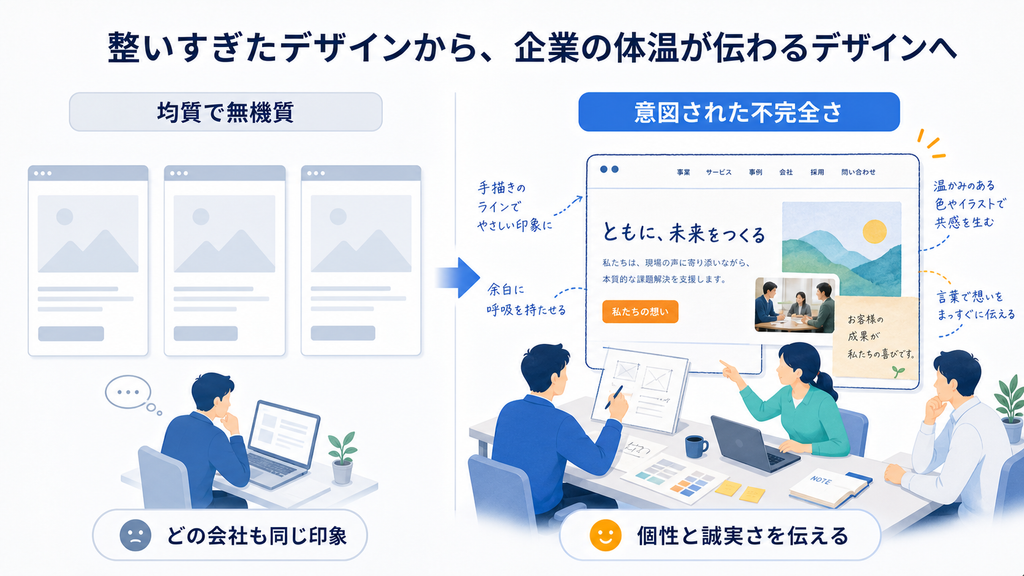 均質で完璧なAI表現と、人の温度や個性が伝わるWebデザインの比較