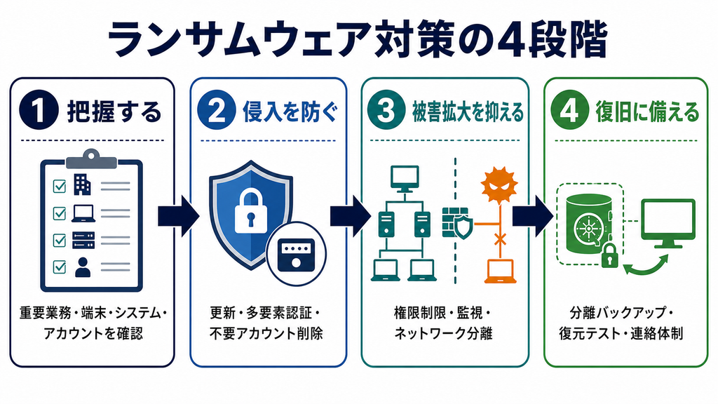 資産の把握、侵入防止、被害拡大の抑制、復旧への備えを順番に進める4段階の図