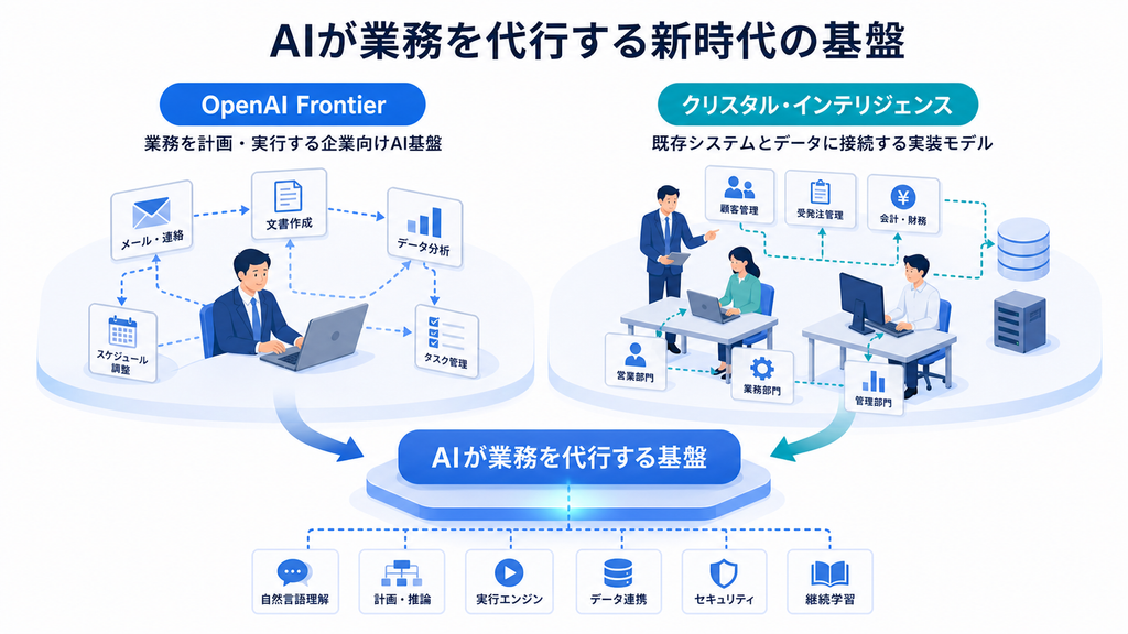 OpenAI Frontierとクリスタル・インテリジェンスが担う役割を比較した図解