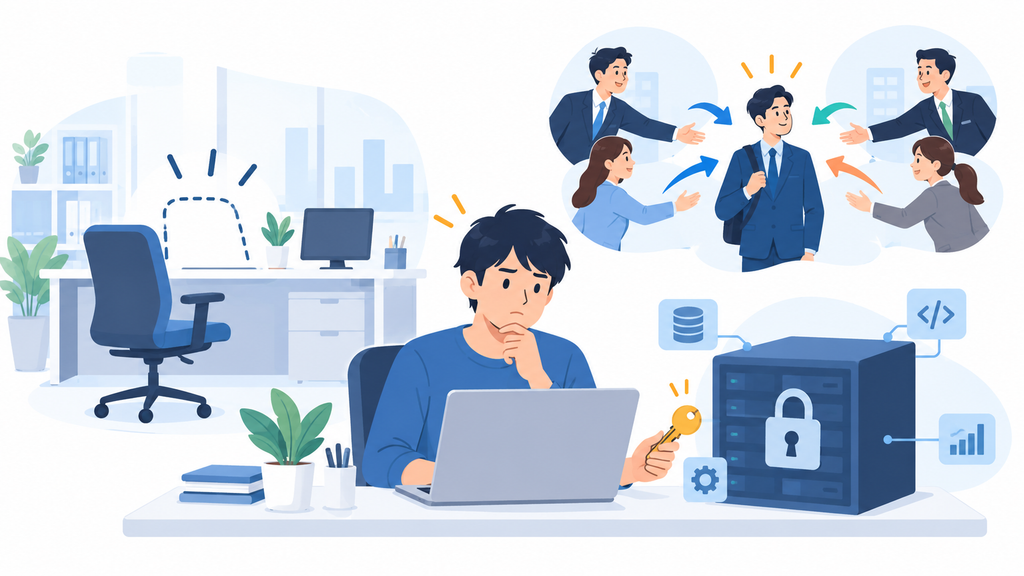 社内で一人だけの技術担当者の周囲に、相談相手のいない空席、採用競争、本人しか開けないシステムが並ぶイラスト。
