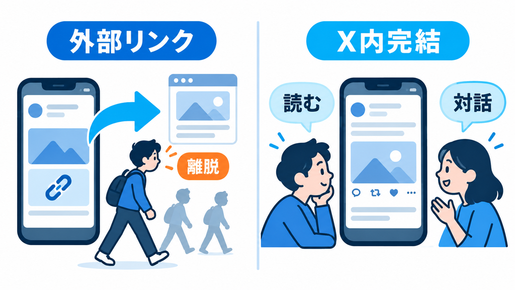 「外部リンク」から読者が「離脱」する投稿と、「X内完結」の投稿内で「読む」「対話」が続く状態を左右で比べた図