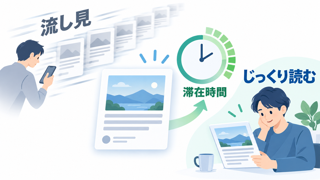 複数の投稿を素早く「流し見」する状態と、一つの投稿を「じっくり読む」ことで「滞在時間」が積み上がる状態を対比した図
