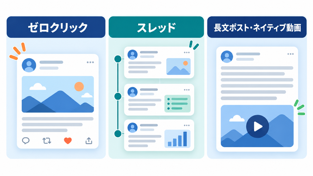 X内で情報を完結させる方法として、「ゼロクリック」「スレッド」「長文ポスト・ネイティブ動画」の3つを横並びで示した図