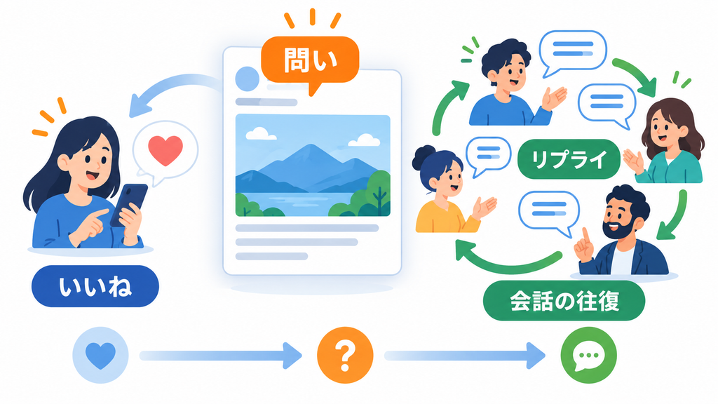 投稿への単発の「いいね」と、「問い」を起点に「リプライ」が交わされ「会話の往復」が続く状態を左右で比べた図