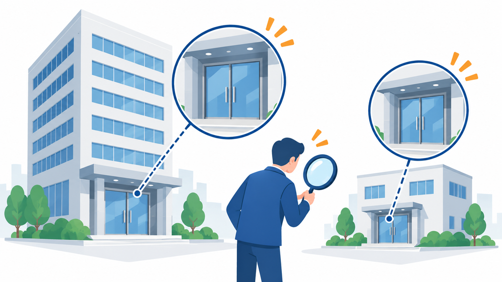 規模の異なる二つの企業の建物にある入口を、担当者が虫眼鏡で点検している。建物の大きさだけでは守りの状態を判断できないことを示す。