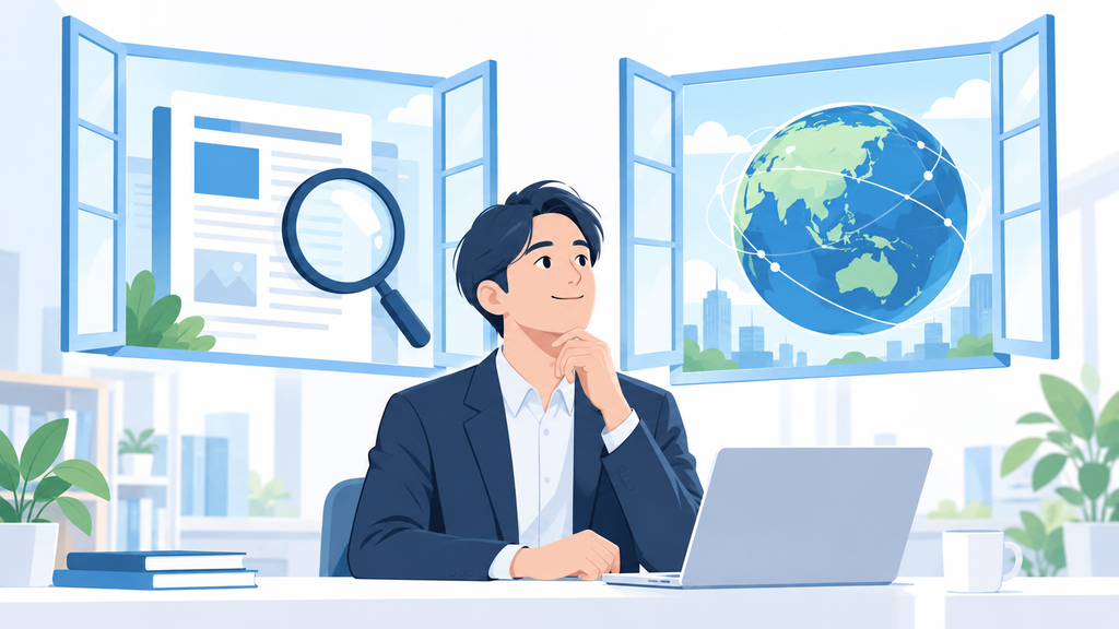  担当者の前に、サイトの情報を調べる窓と世界の動きを見る窓が開き、不安から確認へ進む様子。